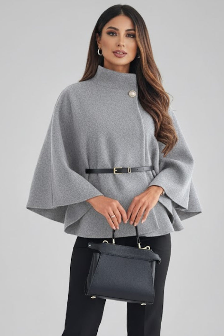 Zorina | Women's Short Cape Coat – Batwing Sleeve Open Front Belted Poncho