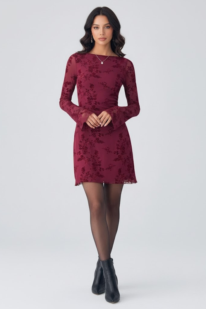 Zova | Women’s Floral Mesh Mini Dress – Ruched Waist, Sheer Long Sleeve Bodycon Dress
