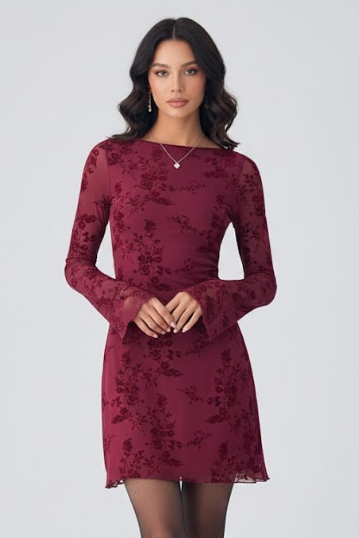 Zova | Women’s Floral Mesh Mini Dress – Ruched Waist, Sheer Long Sleeve Bodycon Dress