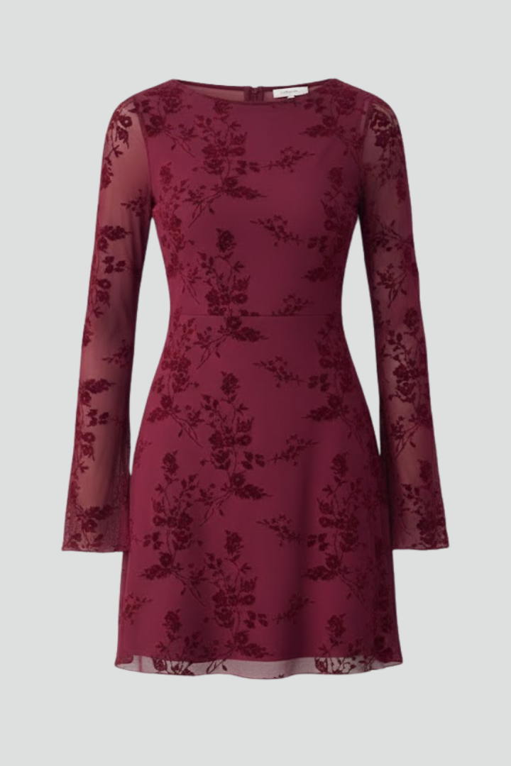 Zova | Women’s Floral Mesh Mini Dress – Ruched Waist, Sheer Long Sleeve Bodycon Dress