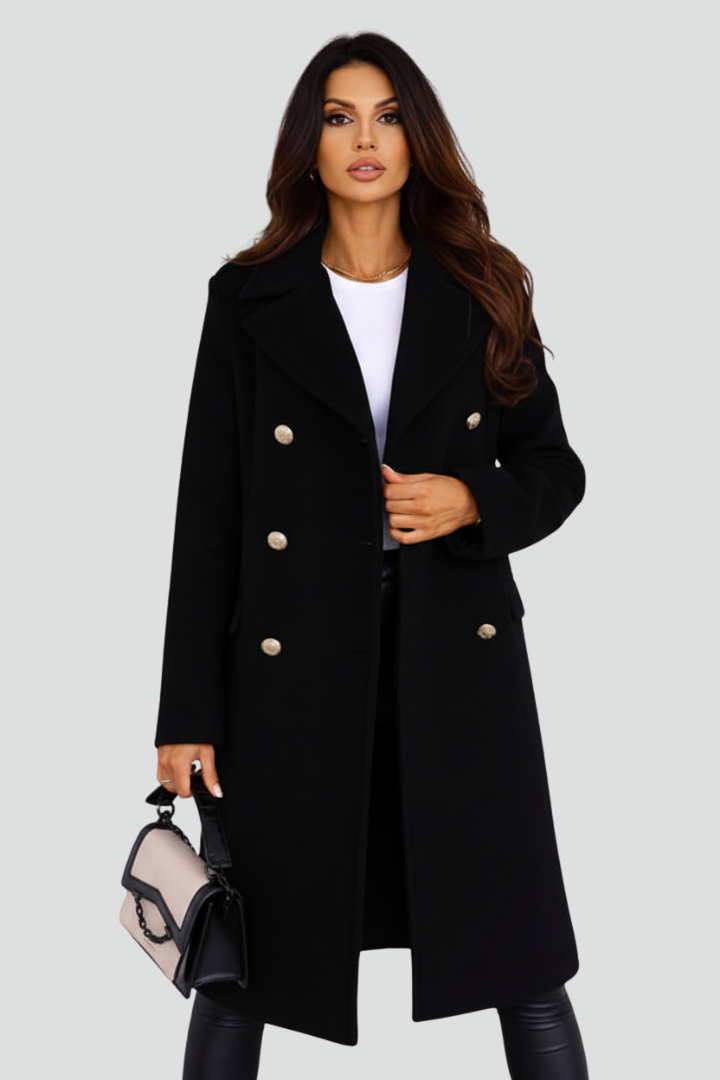 Zuleika | Women’s Long Coat – Double-Breasted Buttons, Lapel Collar