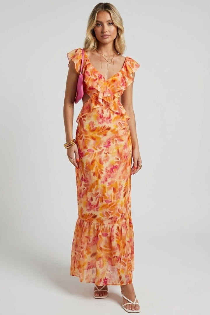 Zynelle | Women’s Floral Maxi Dress – Sleeveless V-Neck Ruffle Strap Summer Dress