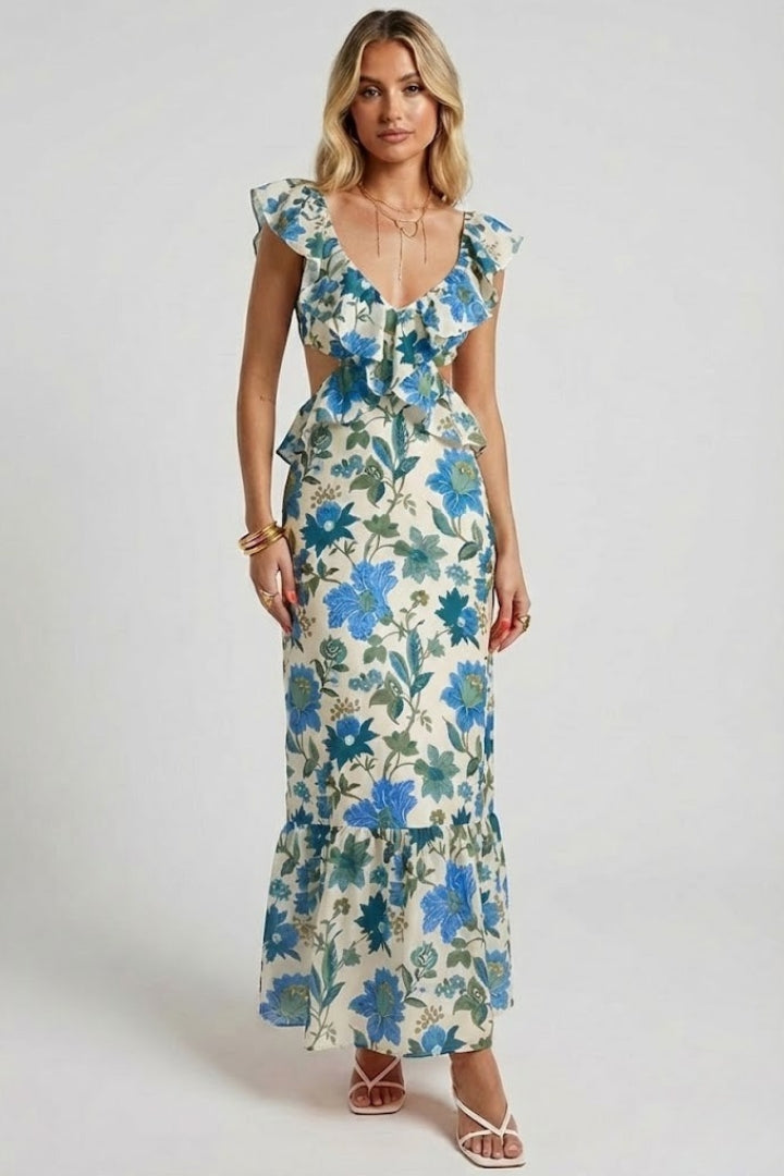 Zynelle | Women’s Floral Maxi Dress – Sleeveless V-Neck Ruffle Strap Summer Dress