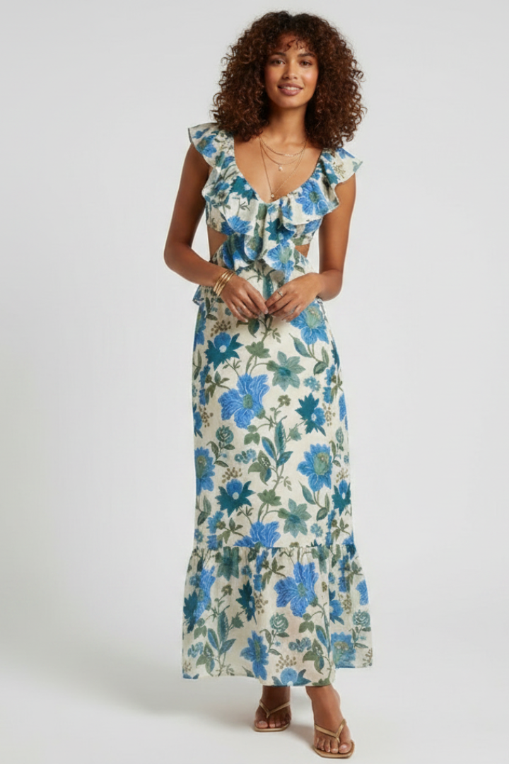 Zynelle | Women’s Floral Maxi Dress – Sleeveless V-Neck Ruffle Strap Summer Dress