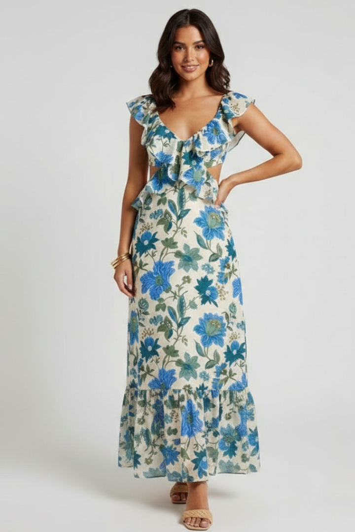 Zynelle | Women’s Floral Maxi Dress – Sleeveless V-Neck Ruffle Strap Summer Dress